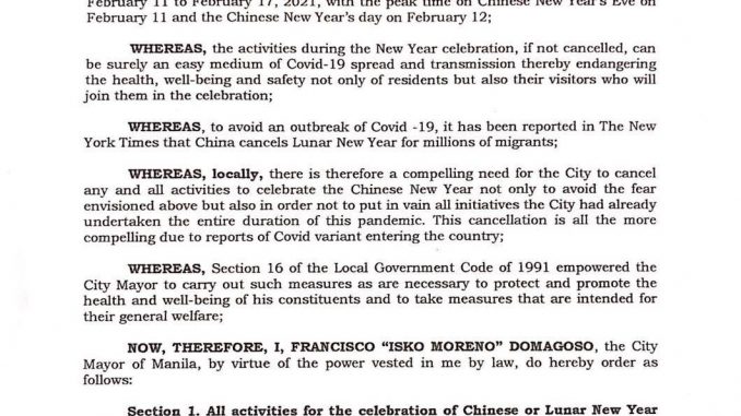 馬尼拉取消今年2月所有中國新年慶祝活動