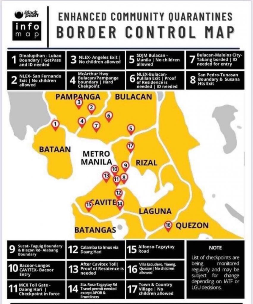 馬尼拉大都會區ECQ期間隔離檢查站位置清單