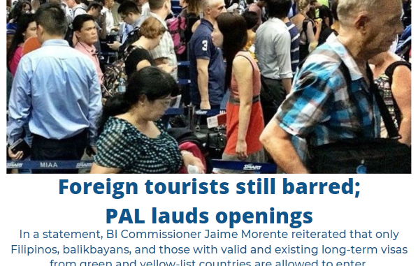 菲移民局BI表示外國觀光旅客仍禁止入境菲