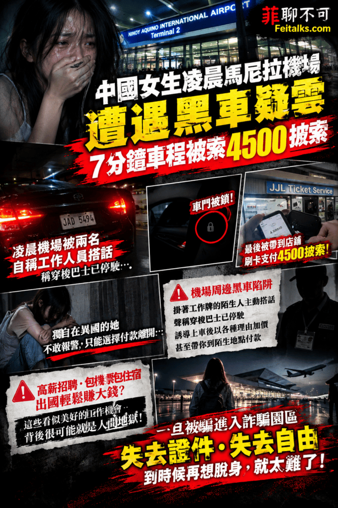 中國女生凌晨馬尼拉機場遭遇黑車疑雲7分鐘車程被索4500披索