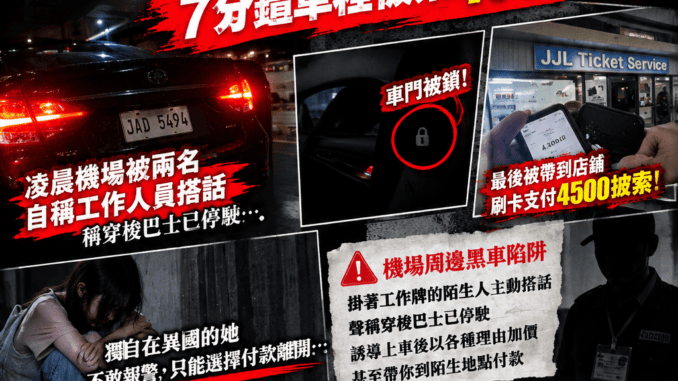 中國女生凌晨馬尼拉機場遭遇黑車疑雲7分鐘車程被索4500披索